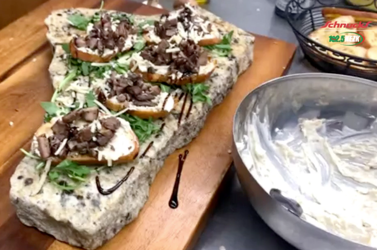 Wild mushroom crostini with smoky blue cheese and balsamic glaze