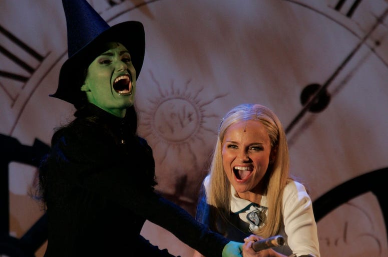 Idina Menzel, left, and Kristin Chenoweth of Wicked perform at the 58th Annual Tonys Awards at Radio City Music Hall in New York City. Menzel and castmate Kristin Chenoweth are both nomminated for Best Actress in a Musical for Wicked.
