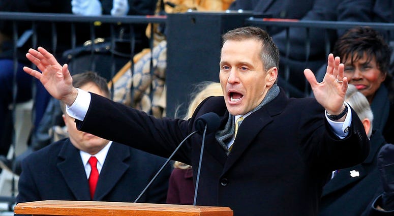 FILE - In this Jan. 9, 2017, file photo, Missouri Gov. Eric Greitens gives his inaugural address from the steps of the capitol in Jefferson City, Mo.