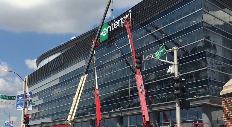 Signage at the Enterprise Center goes up. Signage at the Enterprise Center goes up.