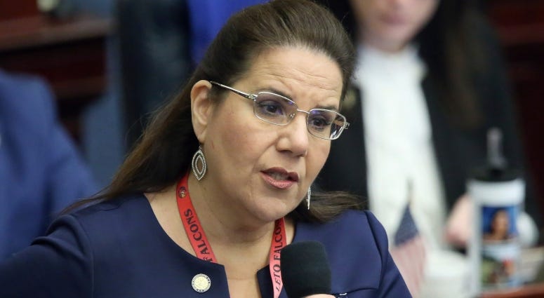 Rep. Susan Valdes, D-Tampa, debates on a bill to allow teachers to be armed during session Wednesday May 1, 2019, in Tallahassee, Fla. Rep. Susan Valdes, D-Tampa