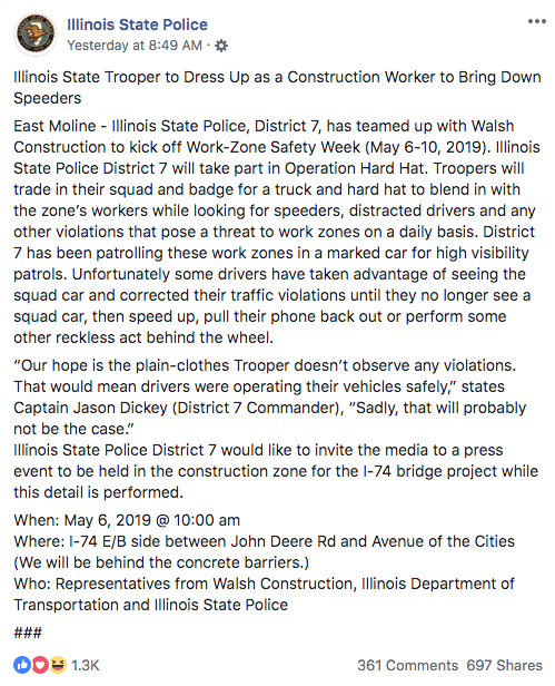 Illinois State Police statement about Work Zone Safety Week