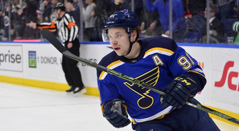 St. Louis Blues right wing Vladimir Tarasenko (91) celebrates after scoring against Chicago Blackhawks goaltender J-F Berube (34) during the second period at Scottrade Center.