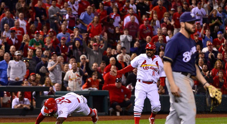 Pinch runner Adolis Garcia was waved home as the potential tying run in the 8th, but slipped rounding third base and fell halfway to the plate. Pinch runner Adolis Garcia was waved home as the potential tying run in the 8th, but slipped rounding third base and fell halfway to the plate.