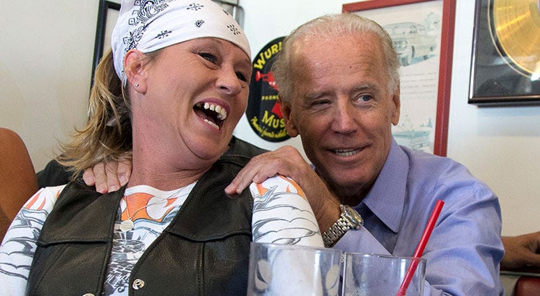 Joe Biden with biker lady at Cruisers Diner in Seaman, Ohio