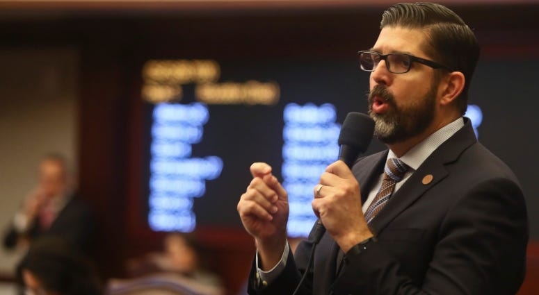 Sen. Manny Diaz, Jr., R-Hialeah, closes on his Senate Bill 7030: Implementation of Legislative Recommendations of the Marjory Stoneman Douglas High School Public Safety Commission, Tuesday, April 23, 2019, in the Florida Senate in Tallahassee, Fla. Sen. Manny Diaz, Jr., R-Hialeah