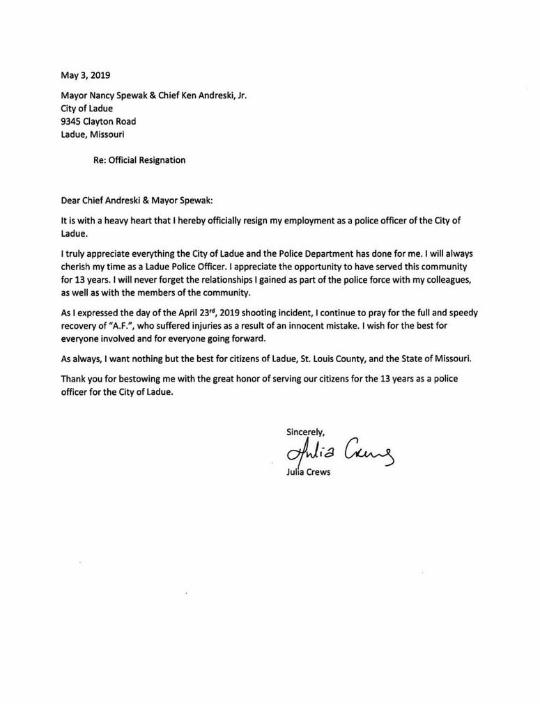 Julia Crews letter of resignation from Ladue Police Department