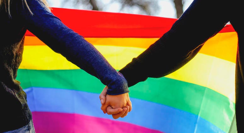 lgbtq couple holding hands in front of rainbow flag