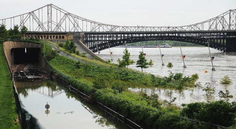 flooded Mississippi Riverfront in St. Louis, Missouri in June 2019