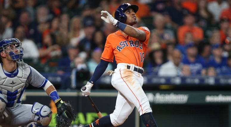 Houston Astros second baseman Tony Kemp (18) hits a home run against the Toronto Blue Jays during the third inning at Minute Maid Park.