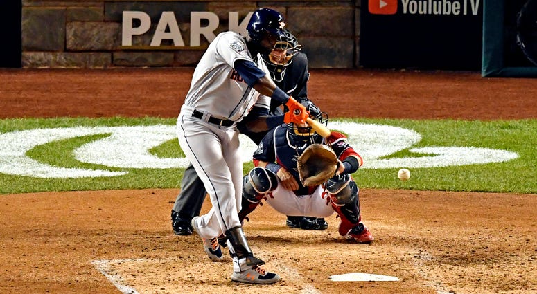 Houston Astros left fielder Yordan Alvarez (44) hits a single during the fourth inning against the Washington Nationals in game five of the 2019 World Series at Nationals Park.