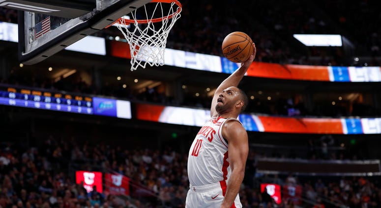Houston Rockets guard Eric Gordon (10) misses a dun after the whistle against the Utah Jazz at Vivint Smart Home Arena.
