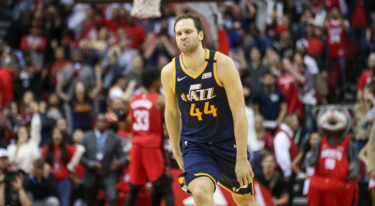 Utah Jazz forward Bojan Bogdanovic (44) reacts after making a game-winning basket with time expiring against the Houston Rockets at Toyota Center.