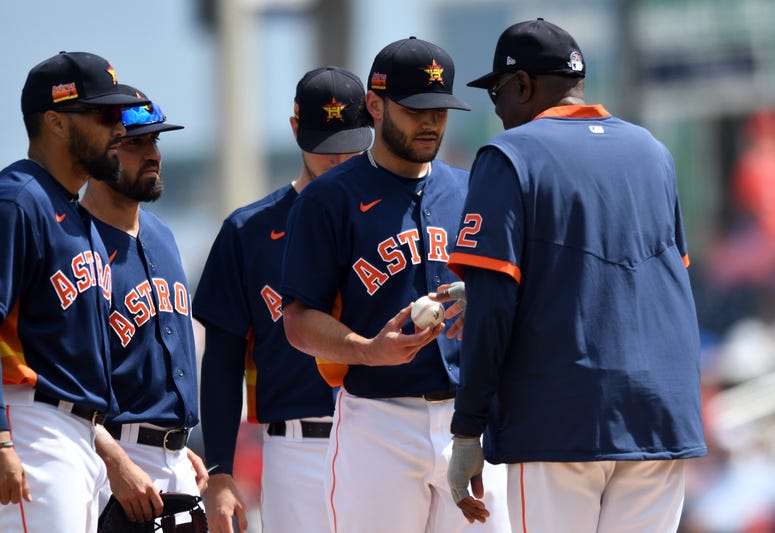 Houston Astros manager Dusty Baker (right) relieves pitcher Lance McCullers Jr. (43) in the third inning of a spring training game against the Washington Nationals at FITTEAM Ballpark of the Palm Beaches.