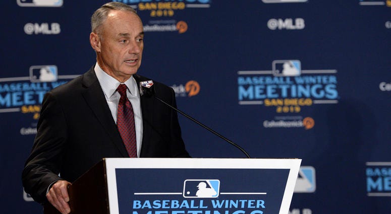 MLB commissioner Rob Manfred speaks to the media before announcing the All-MLB team during the MLB Winter Meetings at Manchester Grand Hyatt.