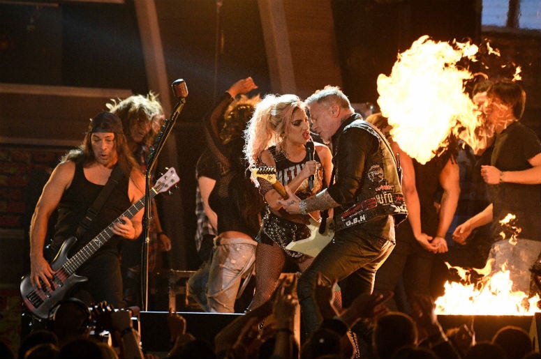 Metallica performs with Lady Gaga during the 59th Annual Grammy Awards at Staples Center. Metallica performs with Lady Gaga during the 59th Annual Grammy Awards at Staples Center.