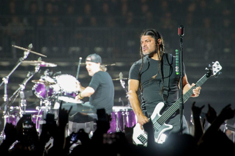 Lars Ulrich and Robert Trujillo of Metallica performing live on stage at Genting Arena in Birmingham, UK Lars Ulrich and Robert Trujillo of Metallica performing live on stage at Genting Arena in Birmingham, UK