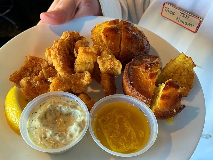 Fat's Chicken and Waffles' Fried Catfish and Cornbread!