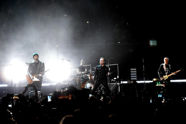 Bono, The Edge, Adam Clayton and Larry Mullen Jr. of U2 perform at The Forum on May 16, 2018 in Inglewood, California. Bono, The Edge, Adam Clayton and Larry Mullen Jr. of U2 perform at The Forum on May 16, 2018 in Inglewood, California.