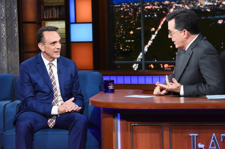 Hank Azaria guests on The Late Show with Stephen Colbert The Late Show with Stephen Colbert and guest Hank Azaria during Tuesday's April 24, 2018 show. Photo: Scott Kowalchyk/CBS ©2018 CBS Broadcasting Inc. All Rights Reserved.