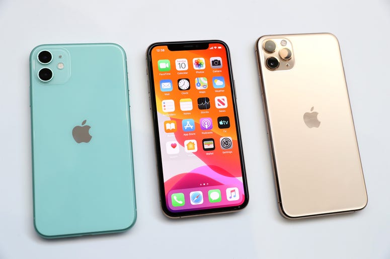The new Apple iPhone 11 (L) and iPhone 11 Pro (R) CUPERTINO, CALIFORNIA - SEPTEMBER 10: The new Apple iPhone 11 (L) and iPhone 11 Pro (R) are displayed during an Apple special event on September 10, 2019 in Cupertino, California. Apple unveiled several new products including an iPhone 11, iPhone 11 Pro,