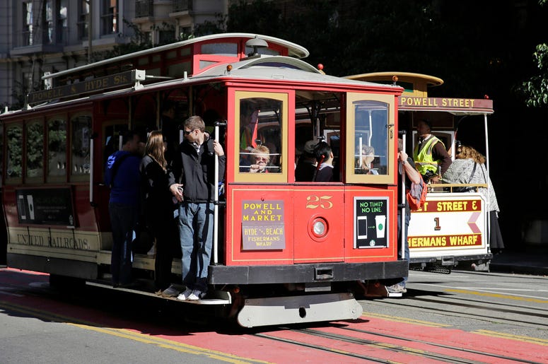 AP19254603723259 In this Nov. 3, 2015 file photo, a pair of cable cars go past each other on Powell Street atop Nob Hill in San Francisco. (AP Photo/Eric Risberg)