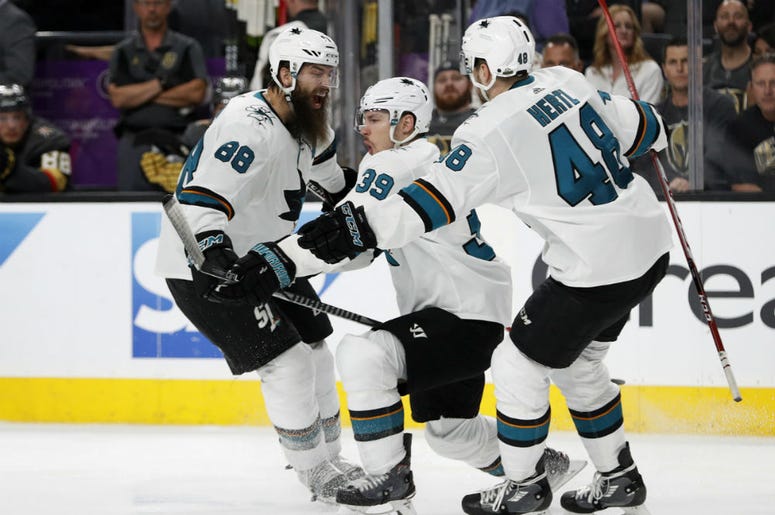 San Jose Sharks' Logan Couture (39) celebrates after scoring the game-winning goal against the Vegas Golden Knights during the second overtime of Game 2 of an NHL hockey second-round playoff series Saturday, April 28, 2018, in Las Vegas. San Jose Sharks' Logan Couture (39) celebrates after scoring the game-winning goal against the Vegas Golden Knights during the second overtime of Game 2 of an NHL hockey second-round playoff series Saturday, April 28, 2018, in Las Vegas.