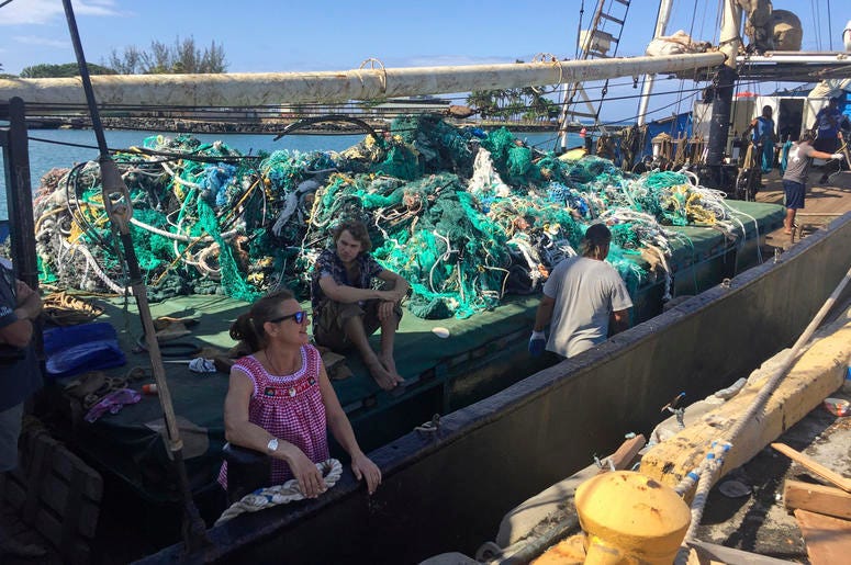 AP19178701695338 In this photo taken June 18, 2019, provided by the Ocean Voyages Institute, are nets brought in by the sailing ship Kwai from the Pacific gyre cleanup in Honolulu. (AJ Jaeger/Ocean Voyages Institute via AP)