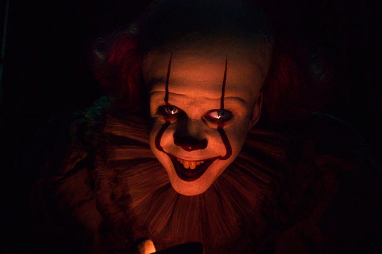 Bill Skarsgard as Pennywise in "It: Chapter 2" This image released by Warner Bros. Pictures shows Bill Skarsgard as Pennywise in New Line Cinema’s horror thriller "It: Chapter 2." (Warner Bros. Pictures via AP)