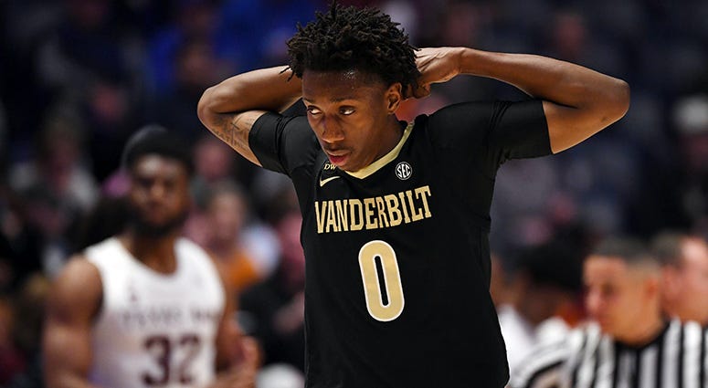 Mar 13, 2019; Nashville, TN, USA; Vanderbilt Commodores guard Saben Lee (0) reacts after a foul call during the first half against the Texas A&M Aggies of the SEC conference tournament at Bridgestone Arena. Mar 13, 2019; Nashville, TN, USA; Vanderbilt Commodores guard Saben Lee (0) reacts after a foul call during the first half against the Texas A&M Aggies of the SEC conference tournament at Bridgestone Arena.