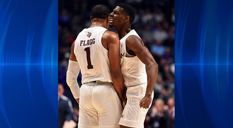 Texas A&M Aggies guard Savion Flagg (1) and Texas A&M Aggies guard Jay Jay Chandler (0) celebrate after a basket against the Vanderbilt Commodores during the first half of the SEC conference tournament at Bridgestone Arena Texas A&M Aggies guard Savion Flagg (1) and Texas A&M Aggies guard Jay Jay Chandler (0) celebrate after a basket against the Vanderbilt Commodores during the first half of the SEC conference tournament at Bridgestone Arena