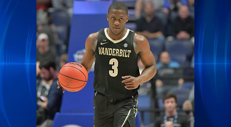 Vanderbilt Commodores guard Maxwell Evans (3) dribbles the ball against the Texas A&M Aggies in the first half in the SEC conference tournament at Bridgestone Arena. Vanderbilt Commodores guard Maxwell Evans (3) dribbles the ball against the Texas A&M Aggies in the first half in the SEC conference tournament at Bridgestone Arena.