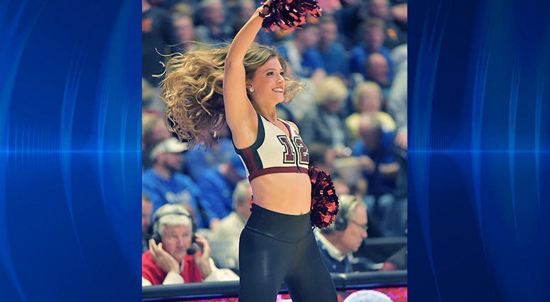 Texas A&M Aggies cheerleader performs against the Vanderbilt Commodores in the SEC conference tournament at Bridgestone Arena. Texas A&M Aggies cheerleader performs against the Vanderbilt Commodores in the SEC conference tournament at Bridgestone Arena.