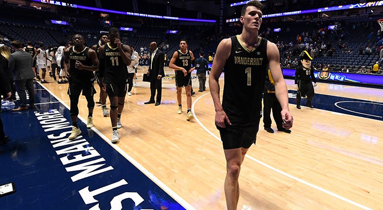 Vanderbilt Commodores forward Yanni Wetzell (1) walks off the floor after a loss to Texas A&M Aggies during the SEC conference tournament at Bridgestone Arena. Vanderbilt Commodores forward Yanni Wetzell (1) walks off the floor after a loss to Texas A&M Aggies during the SEC conference tournament at Bridgestone Arena.