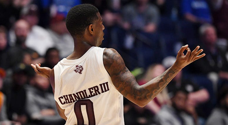 Texas A&M Aggies guard Jay Jay Chandler (0) celebrates after a basket against the Vanderbilt Commodores during the second half of the SEC conference tournament at Bridgestone Arena Texas A&M Aggies guard Jay Jay Chandler (0) celebrates after a basket against the Vanderbilt Commodores during the second half of the SEC conference tournament at Bridgestone Arena