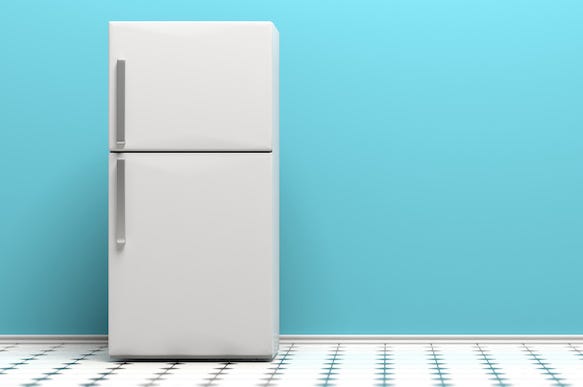 Refrigerator, Fridge, Tiled Floor, Blue Background Refrigerator, Fridge, Tiled Floor, Blue Background