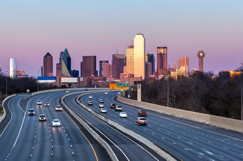 Downtown Dallas, Skyline. Evening, Highway, Driving, Traffic Downtown Dallas, Skyline. Evening, Highway, Driving, Traffic