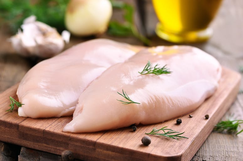 Raw Chicken, Breasts, Cutting Board Raw Chicken, Breasts, Cutting Board