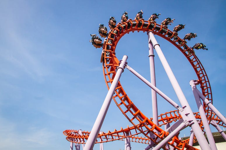 Roller Coaster, Blue Sky, Orange, People Riding, Loop Roller Coaster, Blue Sky, Orange, People Riding, Loop
