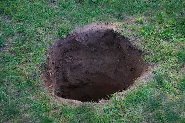 Deep Hole, Dirt, Mud, Lawn, Grass, Yard Deep Hole, Dirt, Mud, Lawn, Grass, Yard
