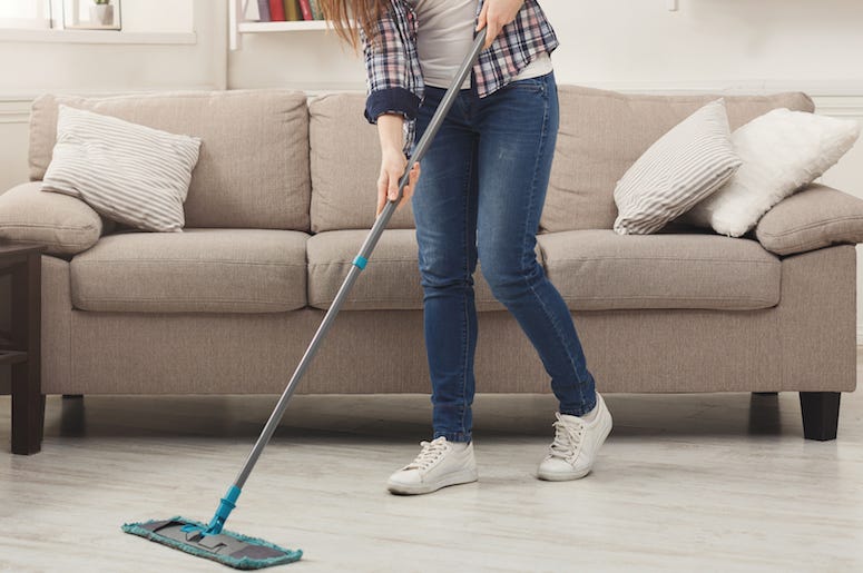 Young Woman, Cleaning, House, Mopping, Living Room, Couch, Clean Floor Young Woman, Cleaning, House, Mopping, Living Room, Couch, Clean Floor