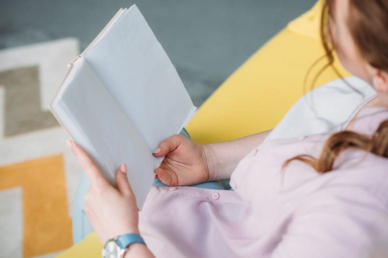 Woman, Reading, Book, Pink Shirt, Couch Woman, Reading, Book, Pink Shirt, Couch