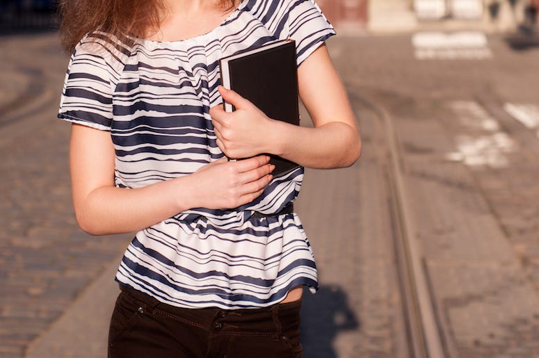 Woman, Carrying Book, Walking, Street, Morning Woman, Carrying Book, Walking, Street, Morning