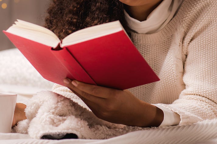 Woman, Reading, Book, Bed, Pajamas, Tea, Mug Woman, Reading, Book, Bed, Pajamas, Tea, Mug