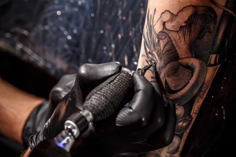 Tattoo, Artist, Gun, Black Gloves, Mushroom, Arm Tattoo, Artist, Gun, Black Gloves, Mushroom, Arm