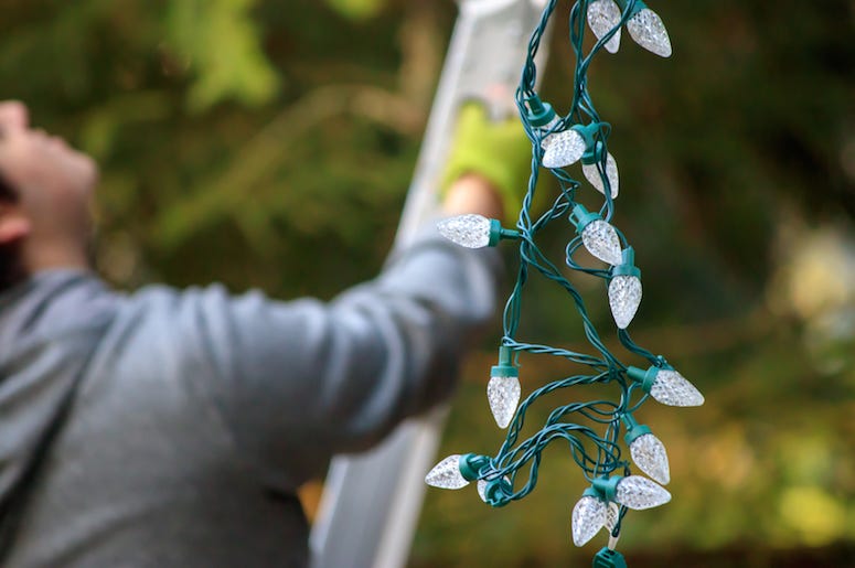 House, Christmas Lights, Ladder, Man House, Christmas Lights, Ladder, Man