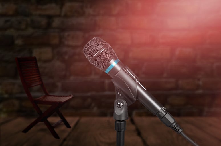 Microphone, Microphone Stand, Brick Wall, Comedy Club Microphone, Microphone Stand, Brick Wall, Comedy Club