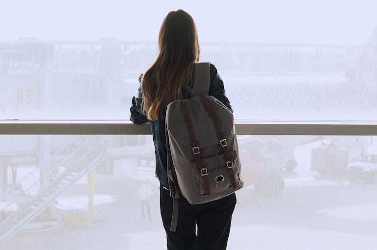 Woman, Backpack, Standing, Airport, Terminal, Window Woman, Backpack, Standing, Airport, Terminal, Window