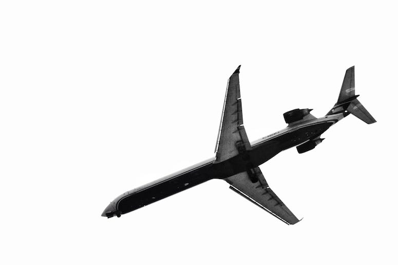 Airplane, Flying, Black and White Airplane, Flying, Black and White