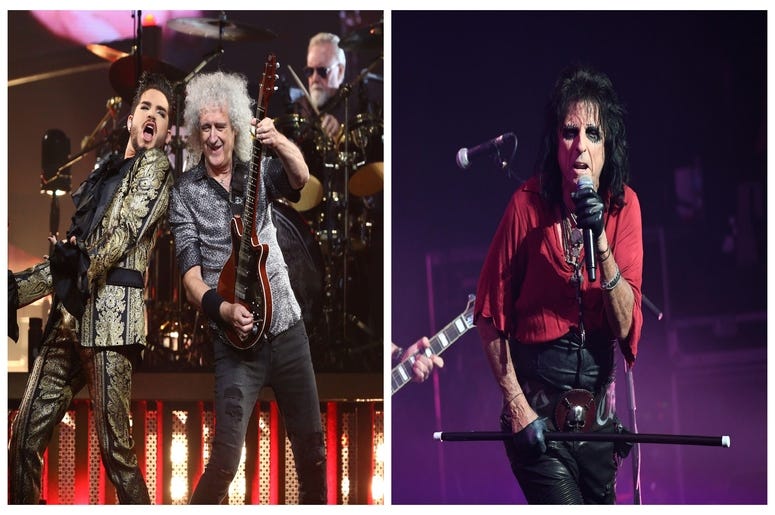 (Left) Adam Lambert, Brian May and Roger Taylor of Queen, Alice Cooper (Right) (Left) Adam Lambert, Brian May and Roger Taylor of Queen, Alice Cooper (Right)